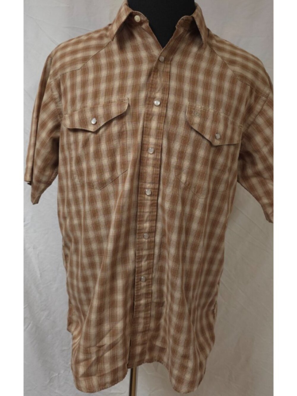 Resistol Double (RR) Men Large Brown Tan Plaid Western Rodeo Pearl Snap Shirt